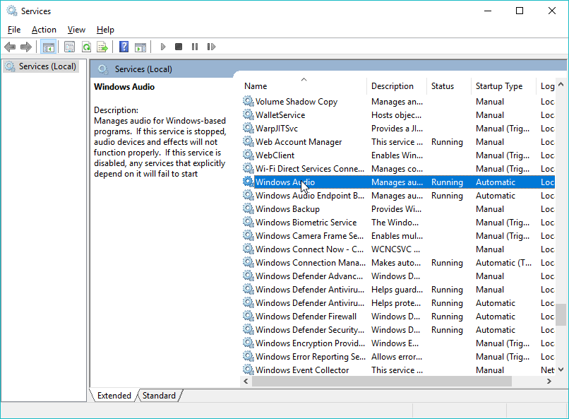 enable windows audio service windows 10